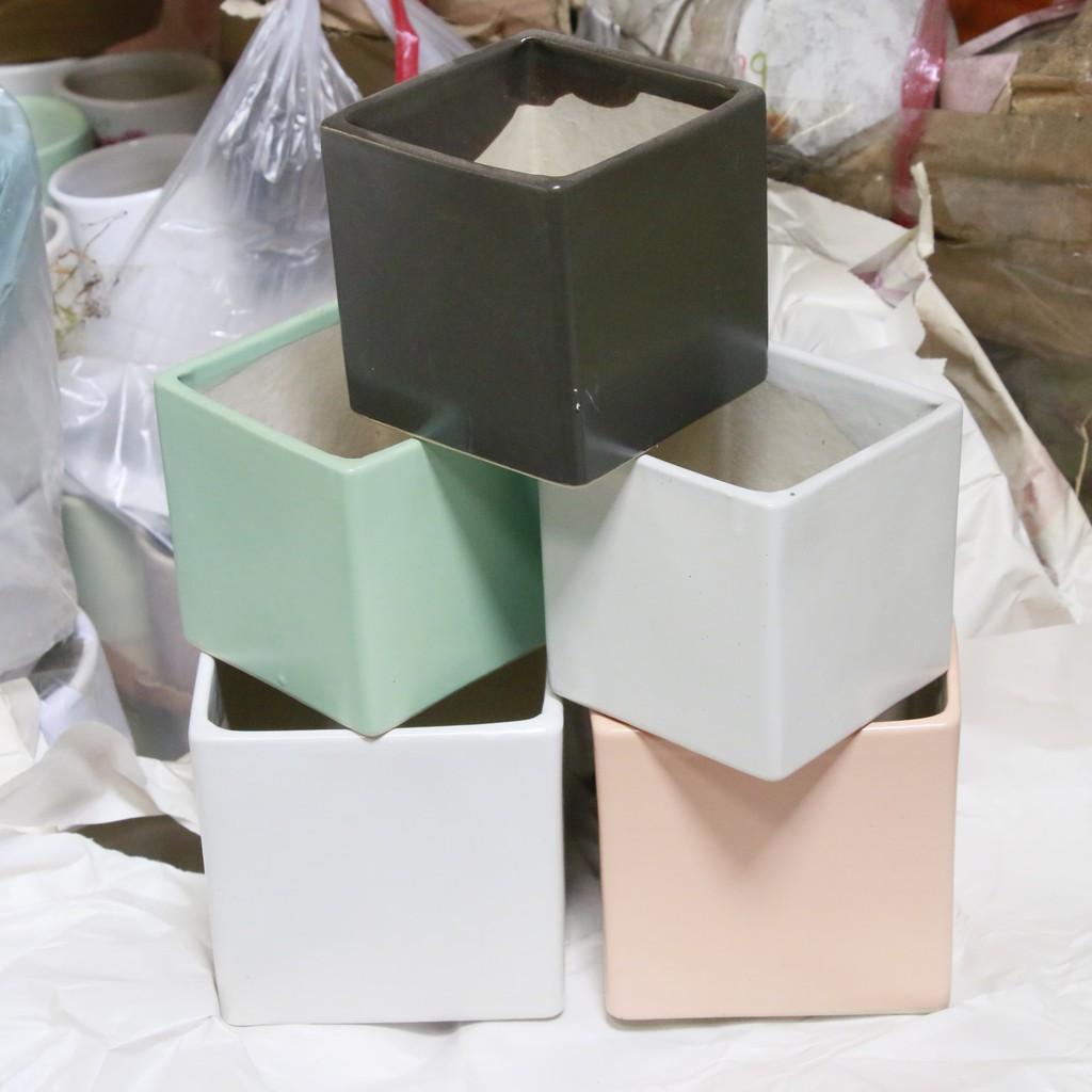 Chậu gốm trụ vuông 2 size trồng cây để bàn xinh xắn
