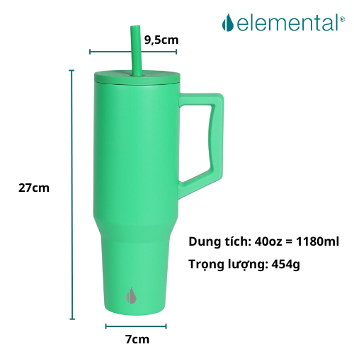 Ly giữ nhiệt Commuter Elemental 1180ml màu xanh neon thép không gỉ có tay cầm combo ống hút trân châu
