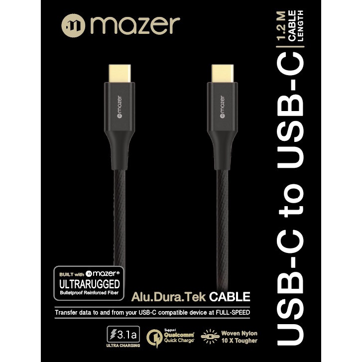 Dây Cáp Mazer ALU.DURA.TEK USB-C to C Cable 3.1A (1.2m) - hàng chính hãng