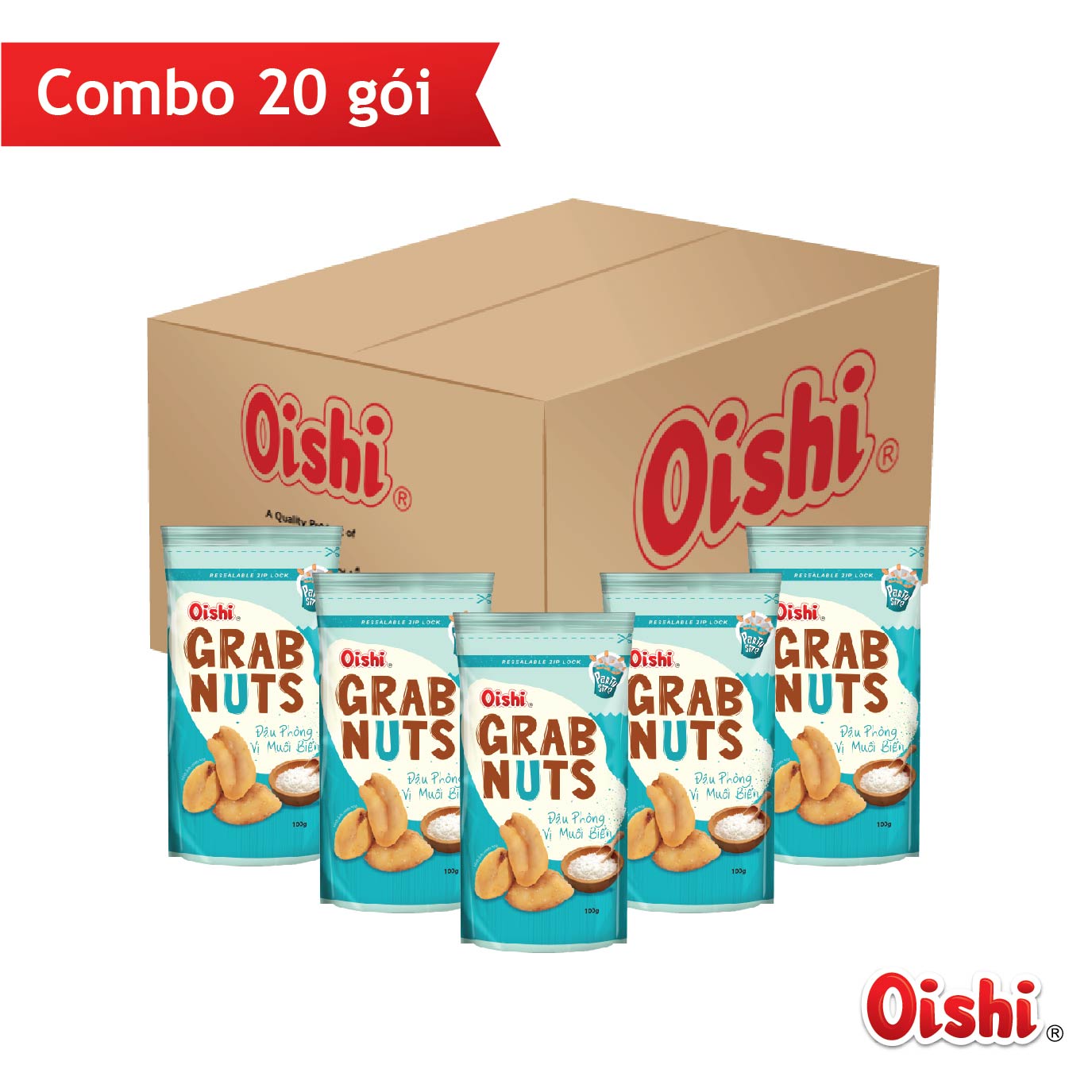 Combo 20 gói Oishi Đậu Phộng Vị Muối Biển Grab Nuts (100g/gói)