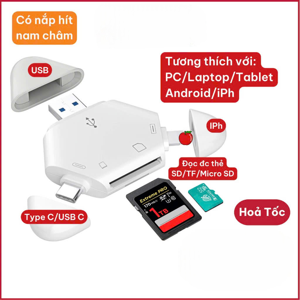 Đầu đọc thẻ nhớ SD, TF ( Micro SD ) đa năng 3in1 dùng cho iPhone, iPad, điện thoại Android, máy tính, PC, laptop - Hàng Chính Hãng