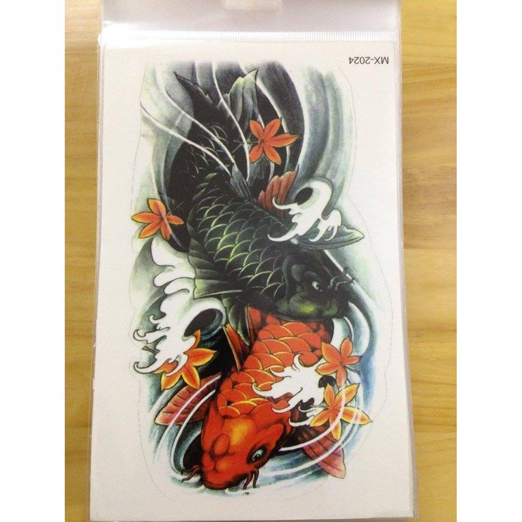 Combo 3 tấm hình xăm dán tattoo cao cấp 15X21cm CÁ CHÉP LƯỚT SÓNG CHỜ HÓA RỒNG (Tặng ngay 2 tấm khi mua từ 2 combo)