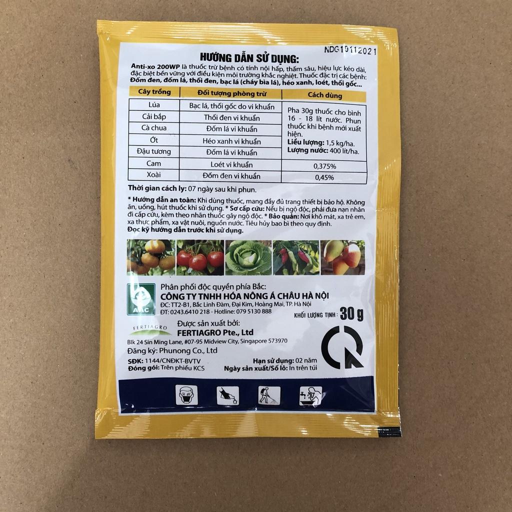Đặc hiệu trừ bệnh thối nhũn, héo xanh, bạc lá, đốm lá, đốm đen, thối gốc, loét do vi khuẩn Anti Xo 30g
