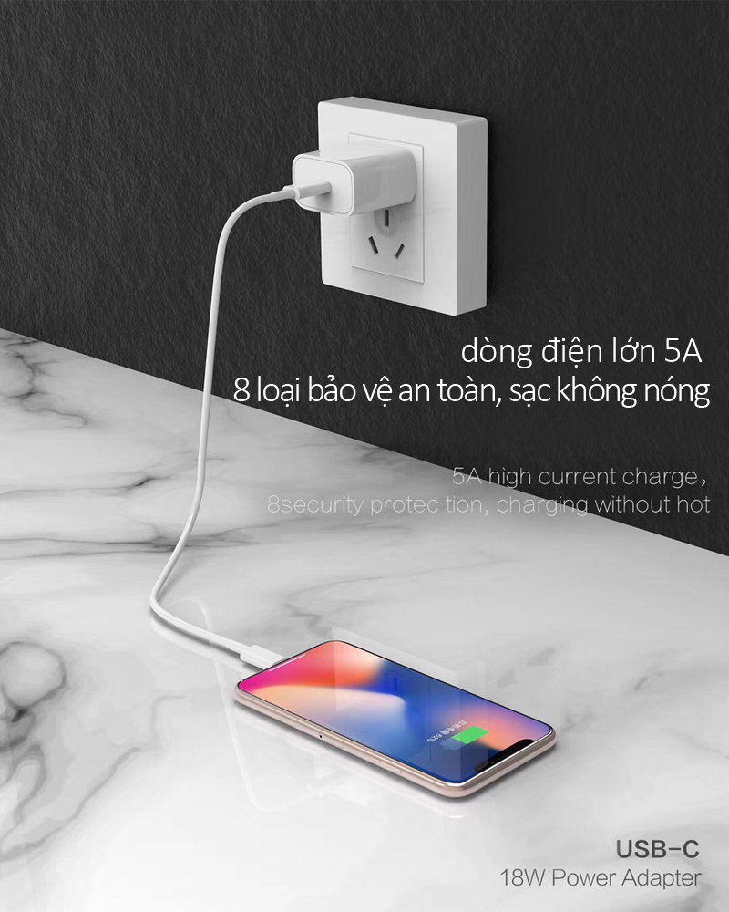 Bộ cốc sạc kèm theo dây sạc dẹt Lightning hỗ trợ sạc nhanh 18W dành cho các dòng máy iPhone cao cấp NO6-IP