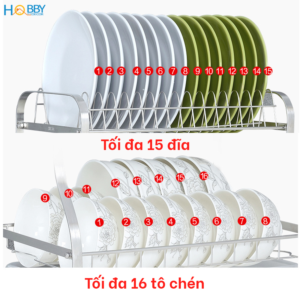 Kệ chén đa năng 2 tầng inox 304 có khay hứng nước Hobby Home Decor KC2M kèm ống đũa và khay thớt