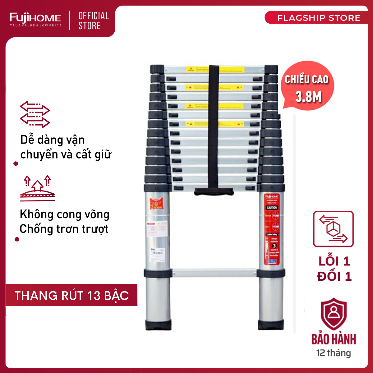 Thang nhôm rút gọn đơn chữ I FUJIHOME TLI380 ( Cao 3,8m, rút gọn 0,86m) Hàng chính hãng