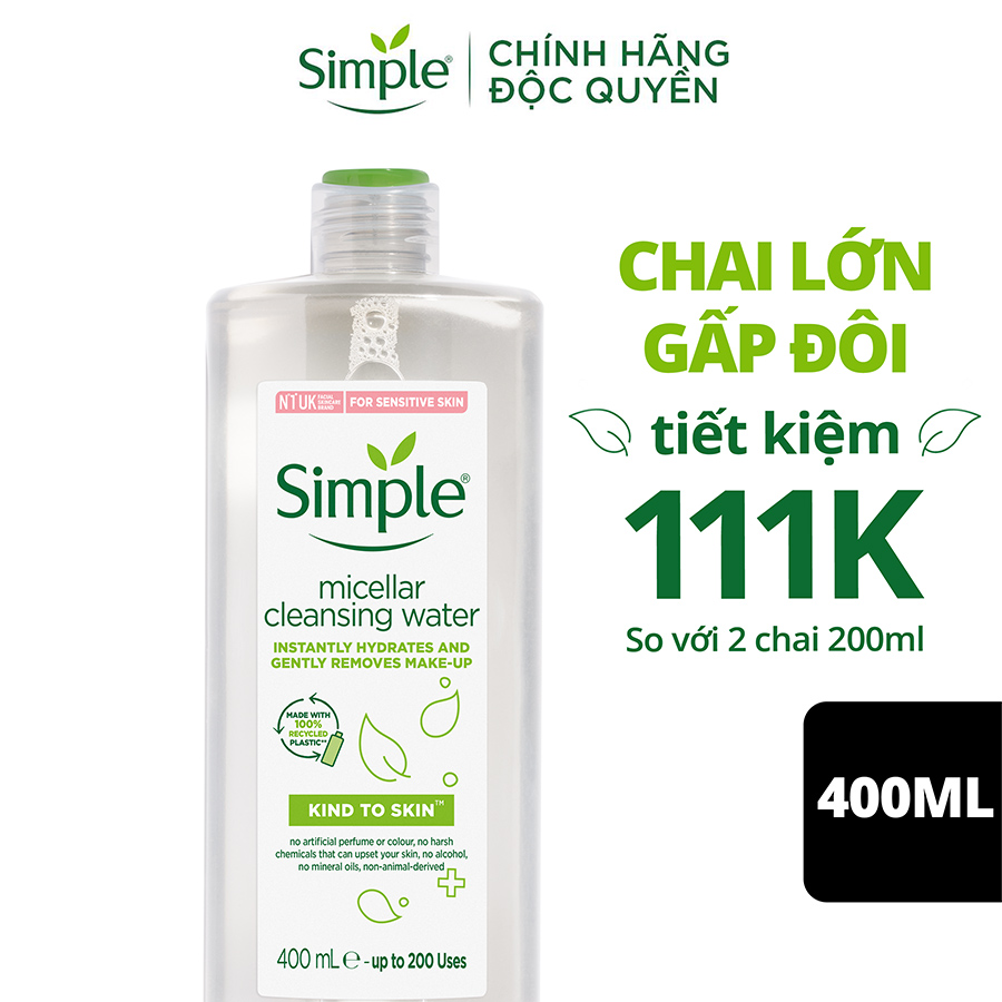 Combo 2 Nước tẩy trang Simple Micellar làm sạch 99% trang điểm, cho da thoáng mịn tức thì 400ml và 200ml [CHAI LỚN TIẾT KIỆM 111K]