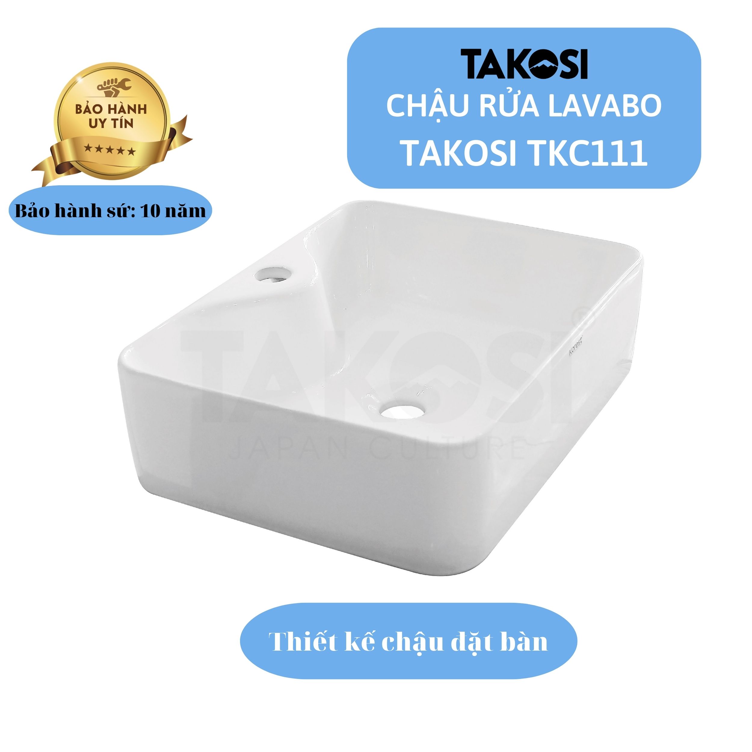 Chậu Lavabo, Chậu rửa mặt phòng tắm hình vuông Takosi TKC111 đặt bàn dùng gia đình, khách sạn - hàng chính hãng bảo hành 10 năm