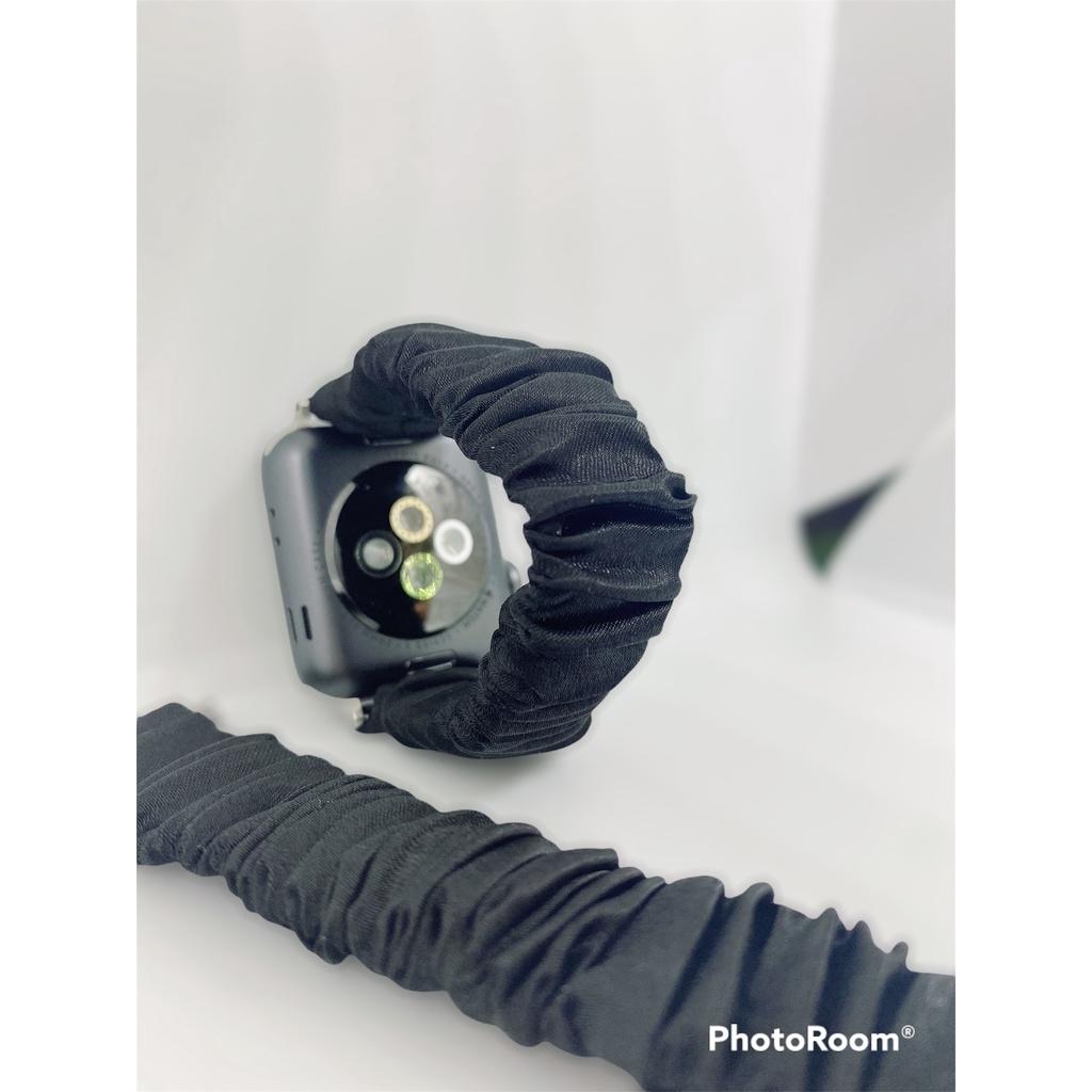 Combo dây đồng hồ apple watch và scrunchies dây cột tóc, buộc tóc vải satin lụa ĐEN