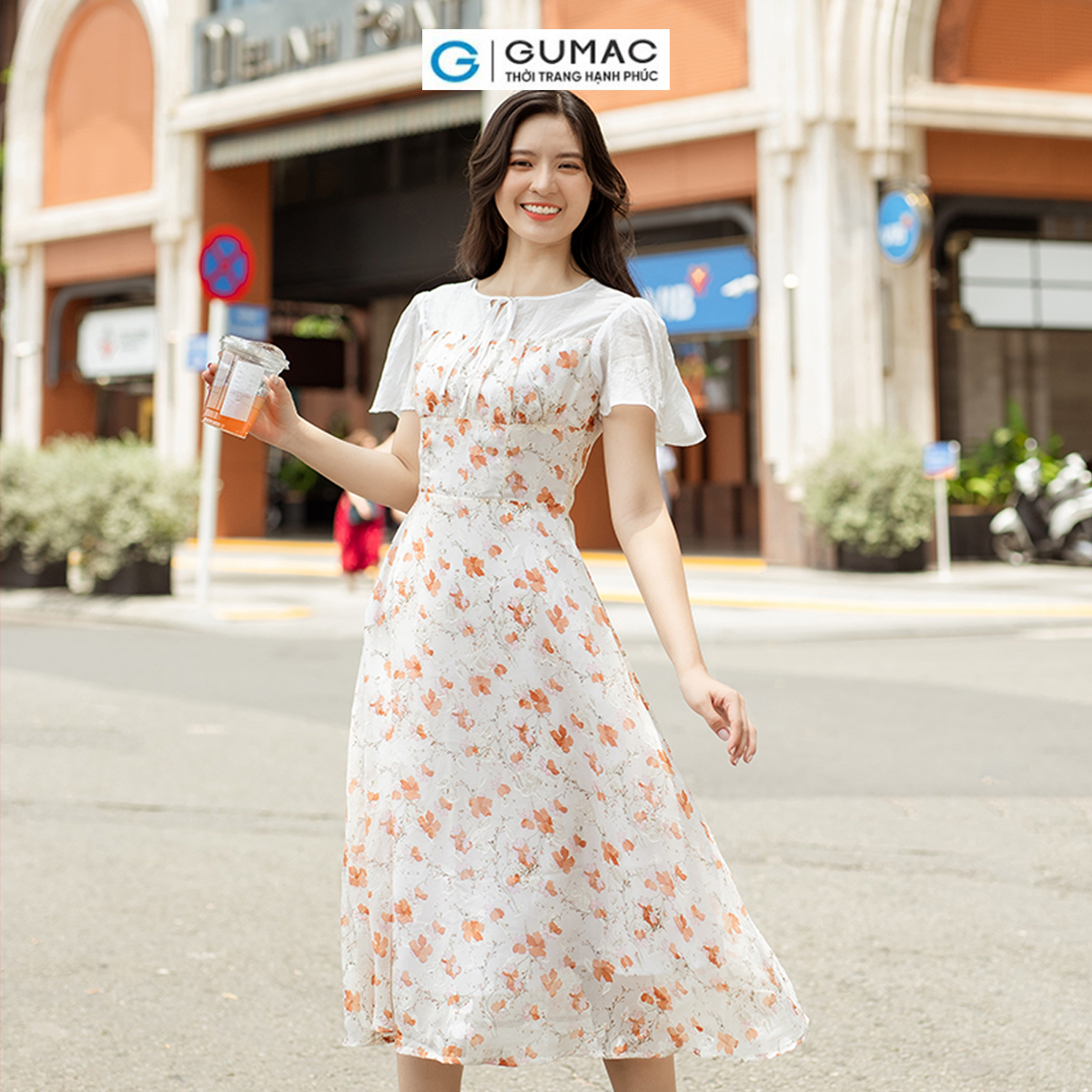 Đầm hoa phối vải tơ sang trọng nữ tính thanh lịch thời trang GUMAC DD06062
