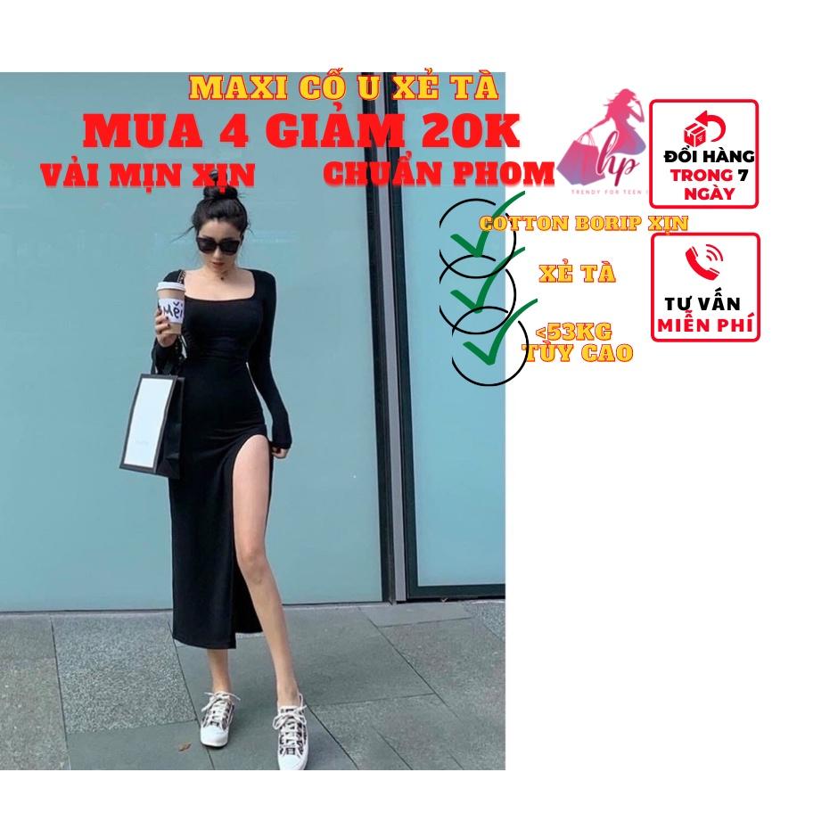 Váy đầm maxi dài nữ ôm body cổ U xẻ tà tay dài thun cottton xịn thời trang dự tiệc sexy phong cách hàn -VD04...