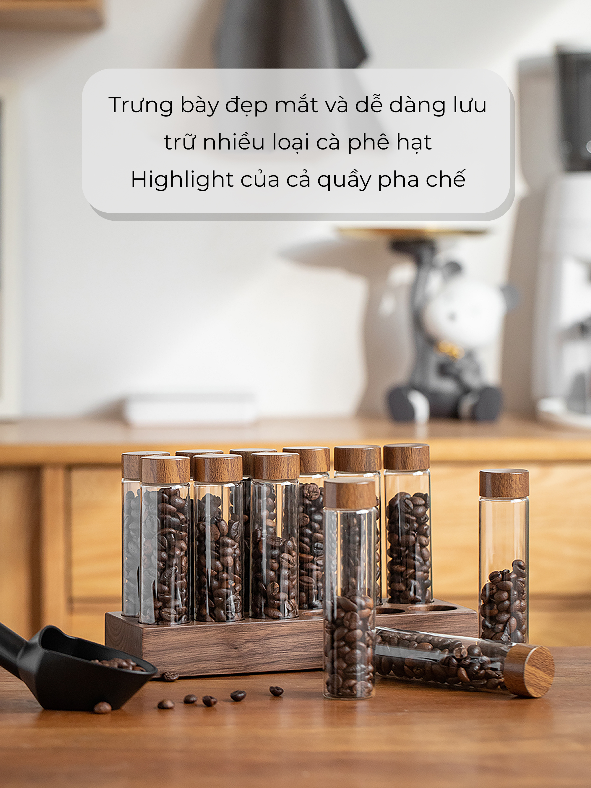 Bộ ống thủy tinh khung gỗ óc chó đựng cà phê CAFEDE KONA