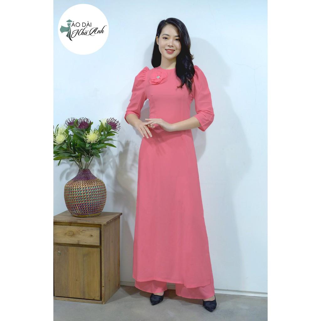 Áo dài tay bồng hồng đỗ đính hoa trước ngực - mặc đi lễ hội, sự kiện - Áo dài Nhã Anh - DH01