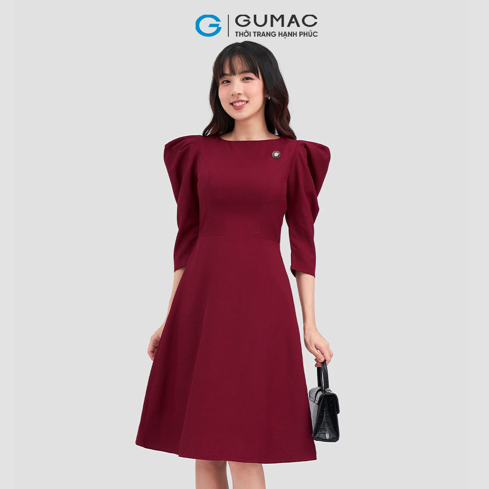 Đầm xòe GUMAC DC12008 cổ thuyền tay nhún sang trọng