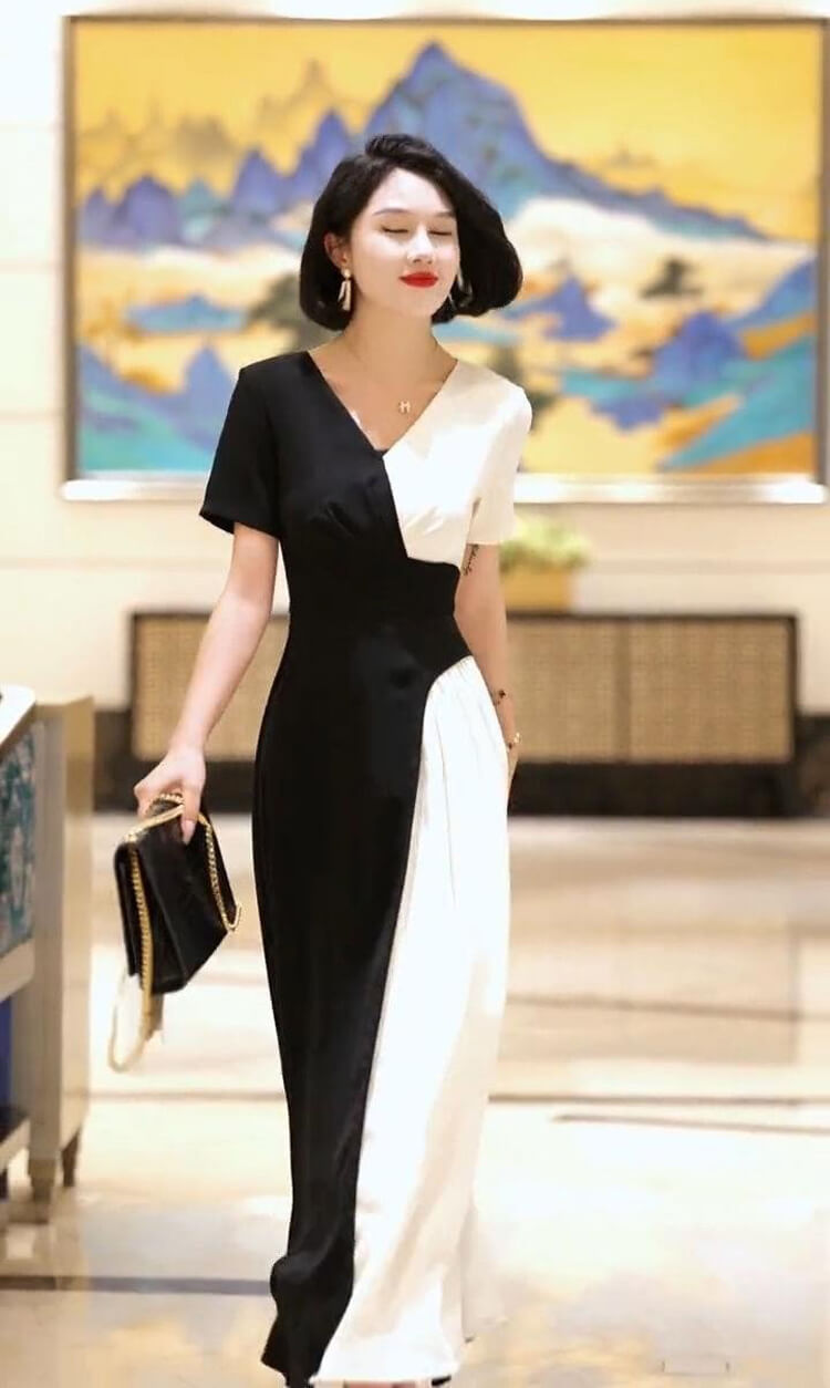 Đầm maxi phối màu đen trắng