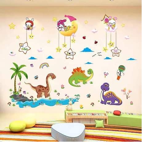DECAL DÁN TƯỜNG THỎ YÊU TRĂNG VÀ KHỦNG LONG - HP407