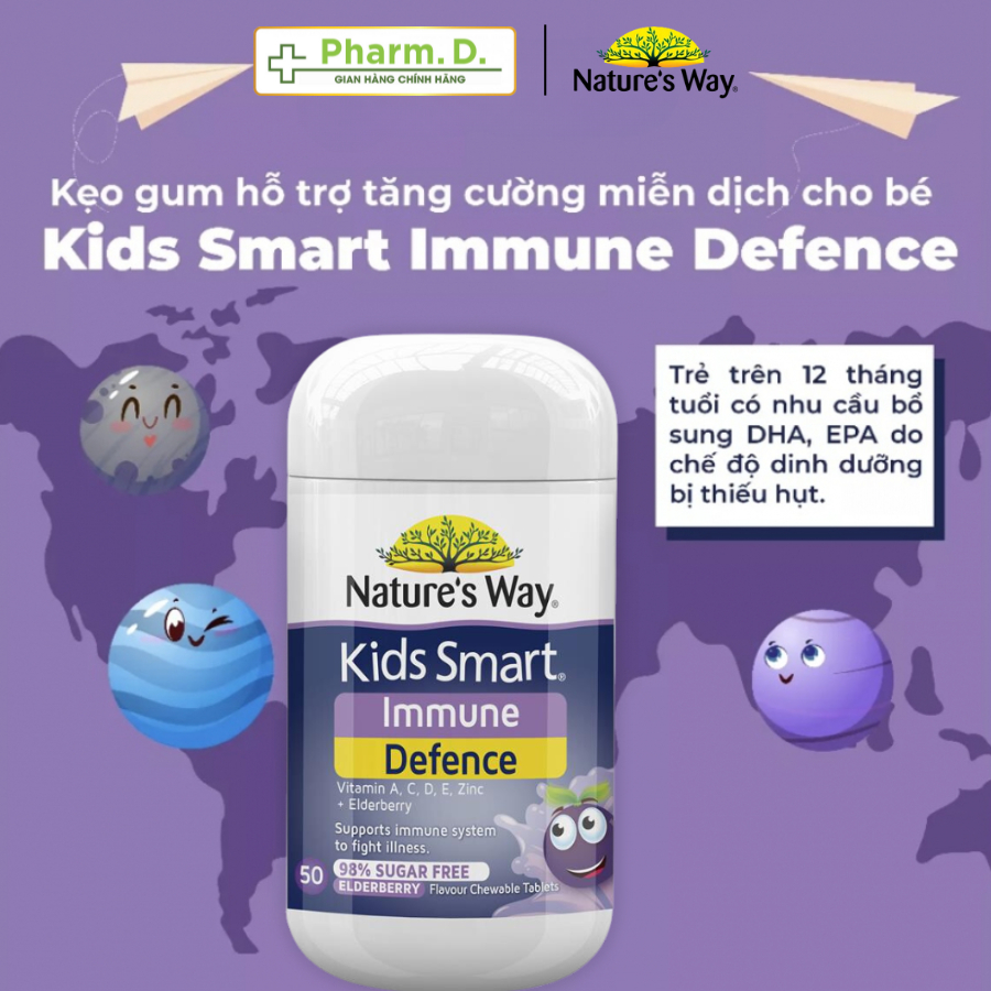 Kẹo Nhai NATURE'S WAY Kids Smart Immune Defence Chewable Giúp Bổ Sung Vitamin Cho Bé (Hộp 50 Viên)