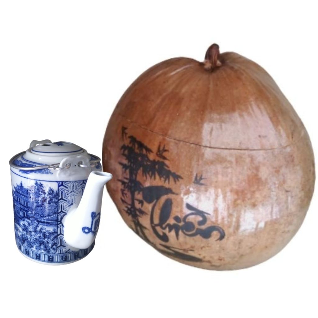 Bình Giữ Ấm Trà Trái Dừa Hoa Văn Lồng Chữ Thiền Và Bình Trà 400 - 950ml - Sản Phẩm Được Sản Xuất Tại Bến Tre