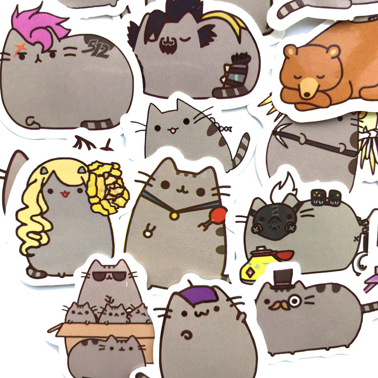 Bộ sticker mèo xám pusheen đáng yêu chống thấm nước trang trí mũ bảo hiểm, đàn, guitar, ukulele, điện thoại laptop