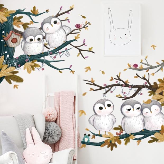 Decal trang trí tường - Gia đình Cú Mèo bên nhau hạnh phúc