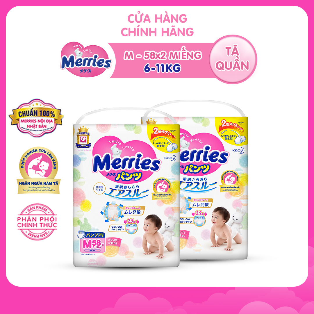 Combo 2 Tã/bỉm quần Merries size M - 58 miếng