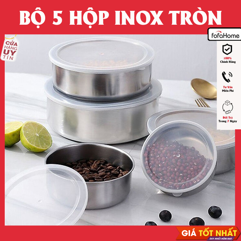 Bộ 5 Hộp Đựng Thực Phẩm Inox Kèm Nắp Nhựa
