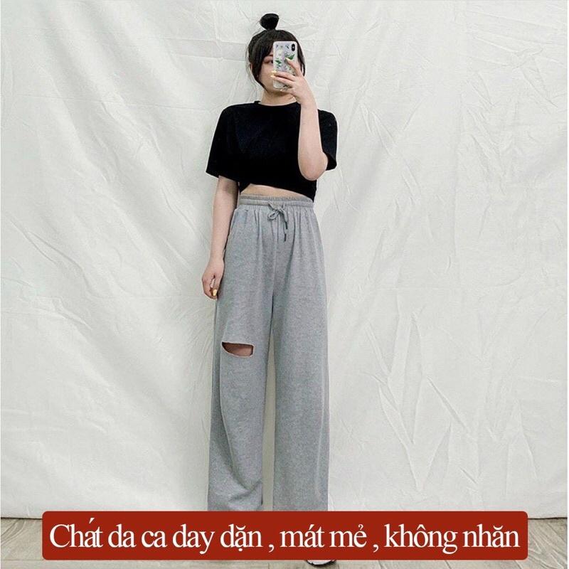 Quần ống rộng nữ cạp chun rách gối chất da cá, quần thụng nam nữ unisex