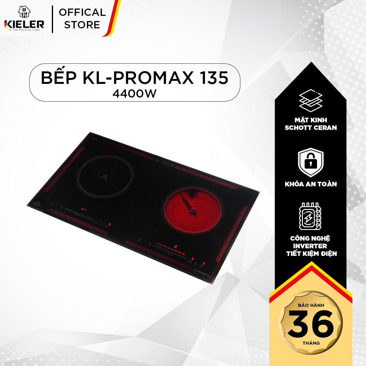 Bếp đôi điện từ hồng ngoại Kieler KL-PROMAX135 mặt kính Schott Ceran, Bếp đôi có chế độ cảm ứng chống tràn 4400W - Hàng Chính Hãng