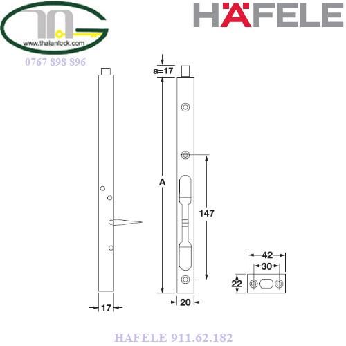 Chốt âm cho cửa dài 200mm, inox mờ Hafele 911.62.182