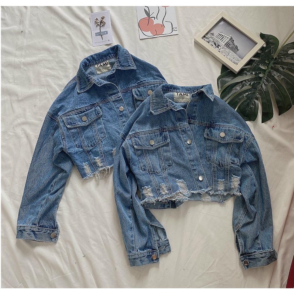 Áo Khoác Jeans Nữ VNXK Cao Cấp, Áo Khoác croptop Áo Jeans Nữ Lửng Rách Bụi