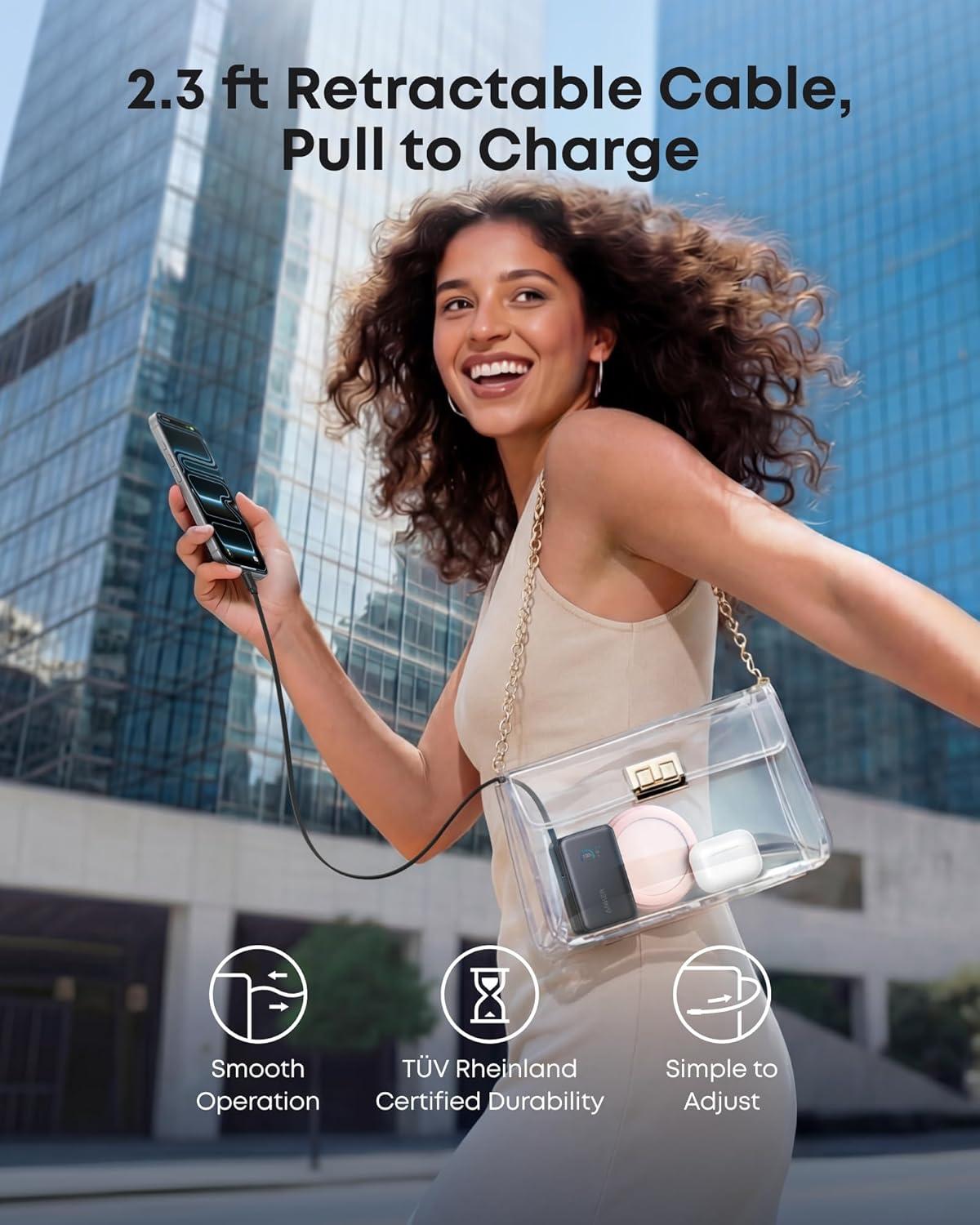 Sạc dự phòng Anker Nano 2C1A 45W 10000mah (Built-In Retractable USB-C Cable) Đen (Black) A1638 - Hàng Chính Hãng