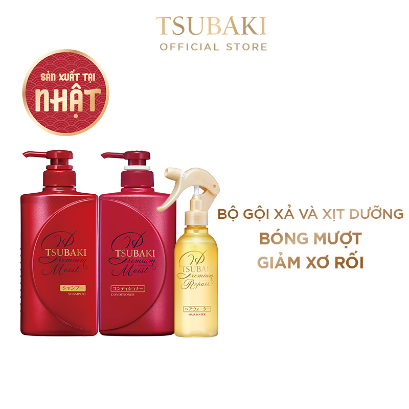 Bộ Ba Dưỡng Tóc Bóng Mượt Tsubaki Gội Xả (490ml/chai) + Xịt Dưỡng Tóc 220ml-95244