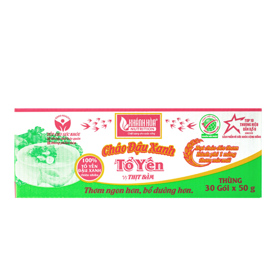 Cháo Tổ Yến Vị Thịt Bằm/ Cháo Đậu Xanh Tổ Yến Vị Thịt Bằm (Thùng 30 gói x 50gr) - Khánh Hòa NutriFoods - Cháo Ăn Liền Cao Cấp, Bổ Sung Dinh Dưỡng