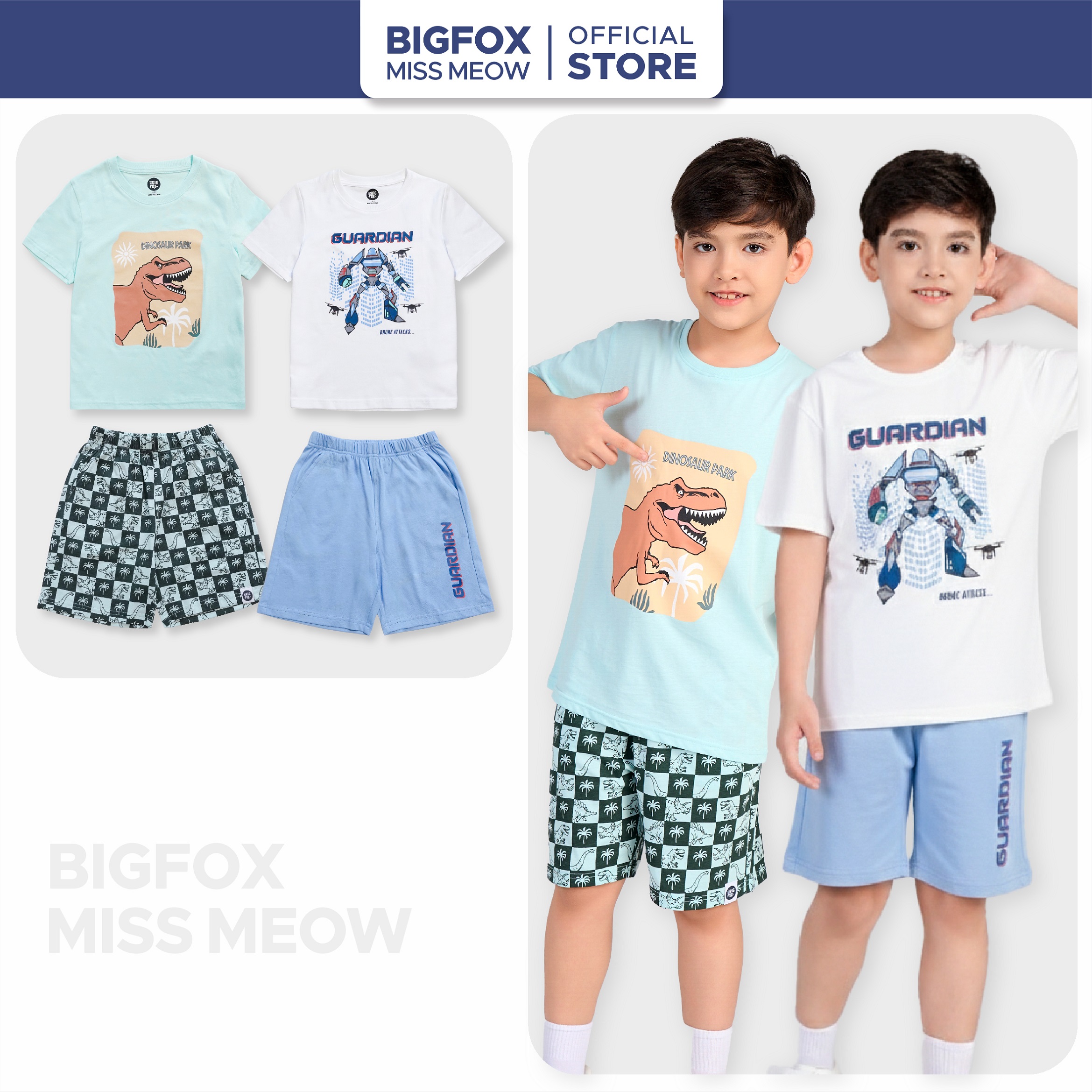 Bộ bé trai mùa hè Bigfox Miss Meow size đại áo cộc tay thun cotton mặc nhà cho trẻ em nam 3-11 tuổi