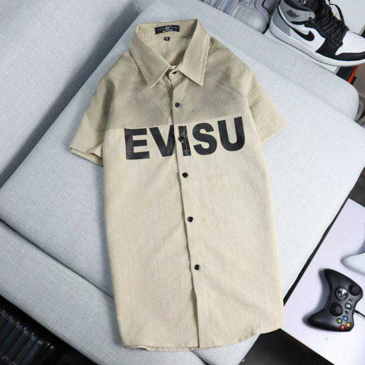 Hình ảnh Áo sơ mi nam vải đũi tay ngắn in EVISU phong cách Hàn quốc.