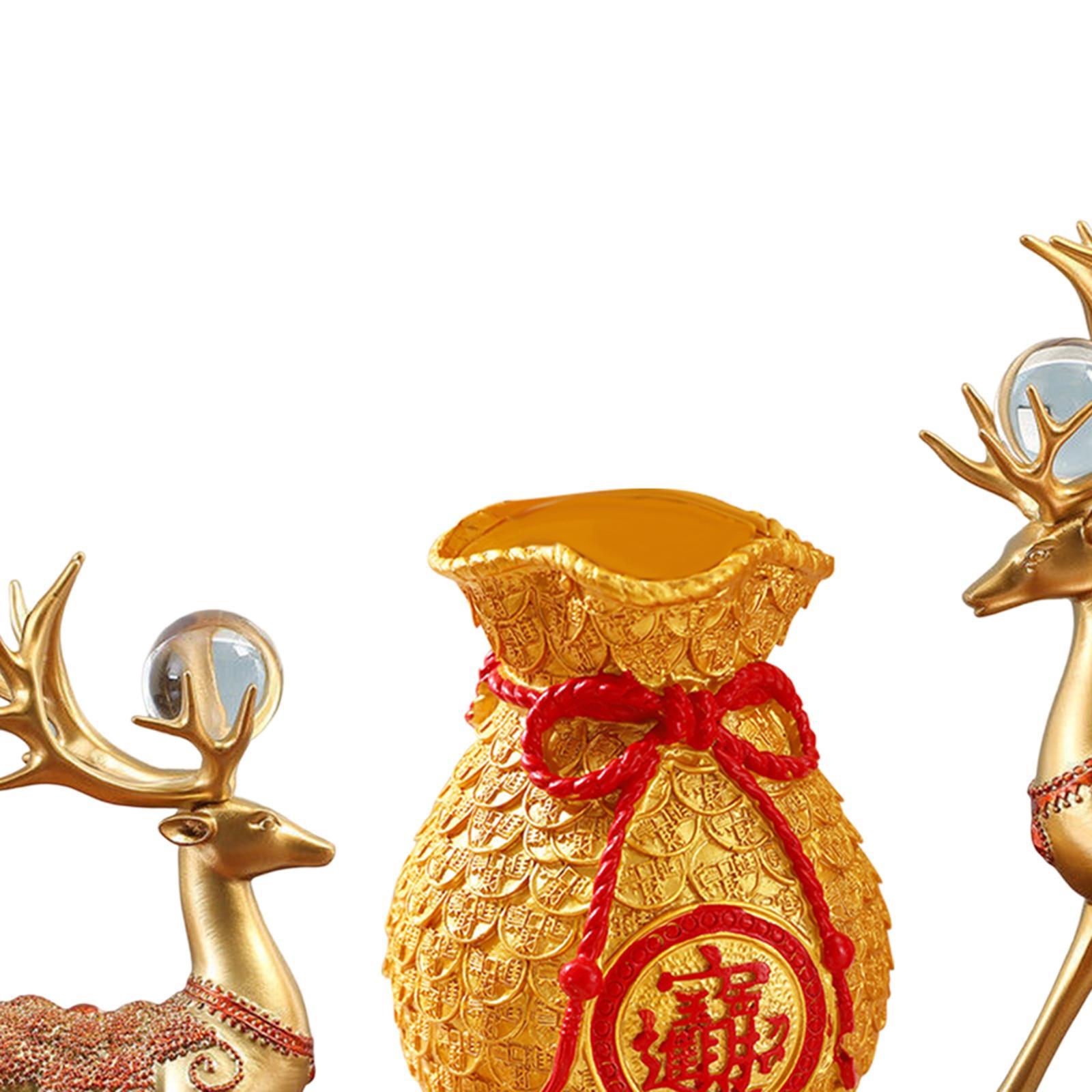 Set 3 Tượng : Túi May Mắn, 2 Tượng Nai Sừng Tấm Trang Trí Nhà Cửa Phòng Khách Năm Mới