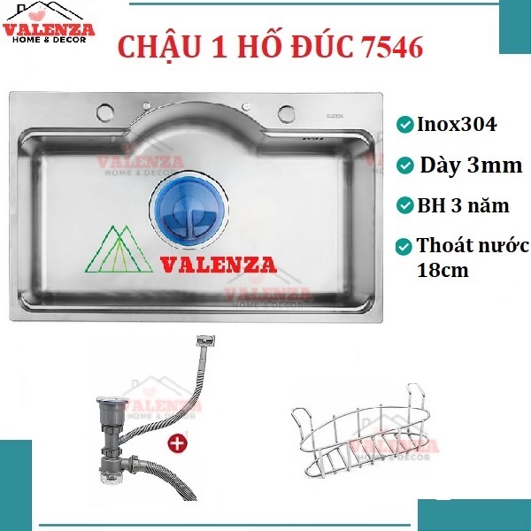 Chậu rửa chén bát 1 hố lớn dạng ĐÚC dày 3,5 li Valenza kiểu dáng Hàn Quốc inox 304 chuẩn 100% kèm chậu phụ inox304, rổ lỗ, bộ xả thoát to-Hàng chính hãng