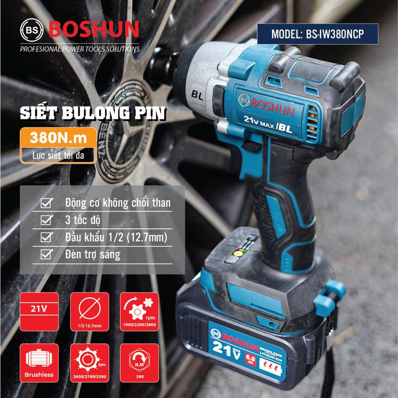 Máy Siết Bulong Boshun BS - IW380NCP 380N.m Bản Mới Siêu Khỏe, Máy Siết Ốc, Máy Vặn Bu Lông Dùng Pin 10 Cell