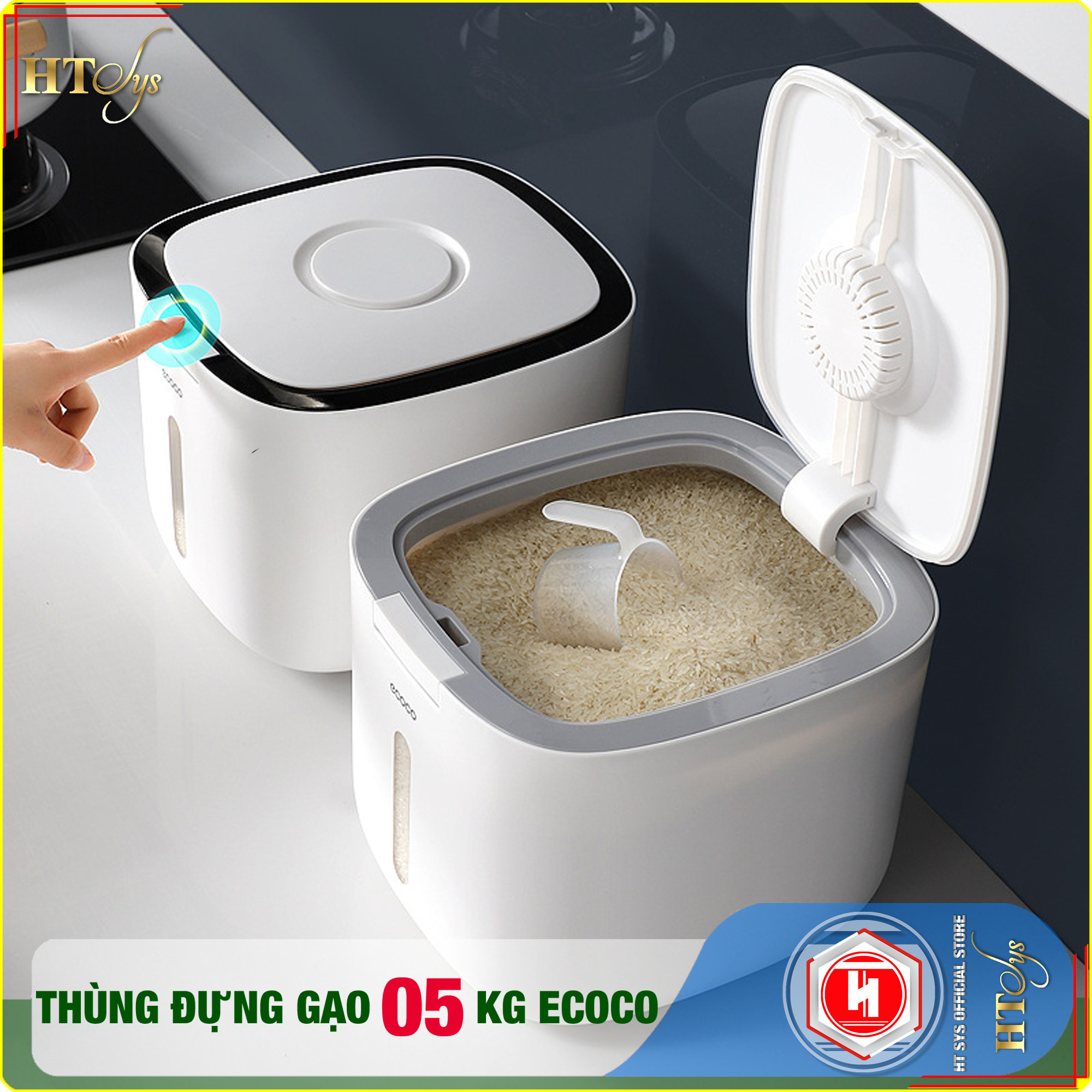 Thùng đựng gạo thông minh 5KG-HT SYS - ECOCO-E2029-Thiết kế dạng nhấn nút-Chống kiến, chống ẩm, chống mọt-Chất liệu ABS cao cấp + 01 Sét móc vàng tài lộc + 04 Khăn Lau [ Hàng Nhập Khẩu ]