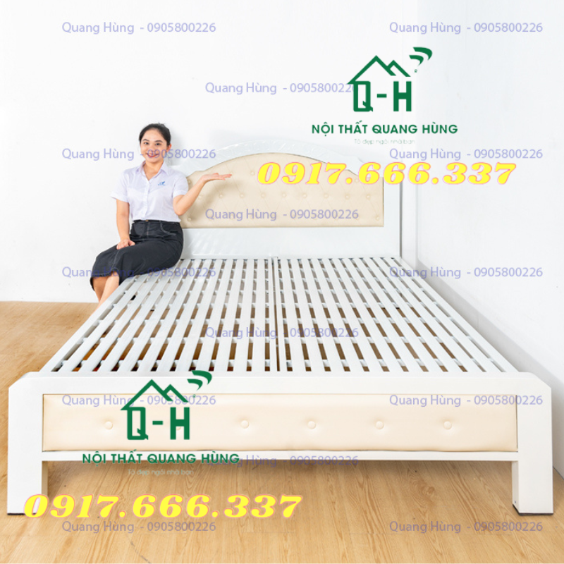 Giường sắt ngủ cao cấp có nệm bọc  1m4 - Sắt hộp 5x10 độ bền cao