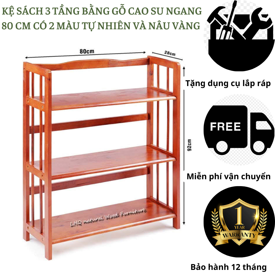 Kệ sách gỗ 3 tầng ngang 80 cm - gỗ cao su - kệ sách đa năng - có 2 màu cho bạn lựa chọn - cao 92 cm