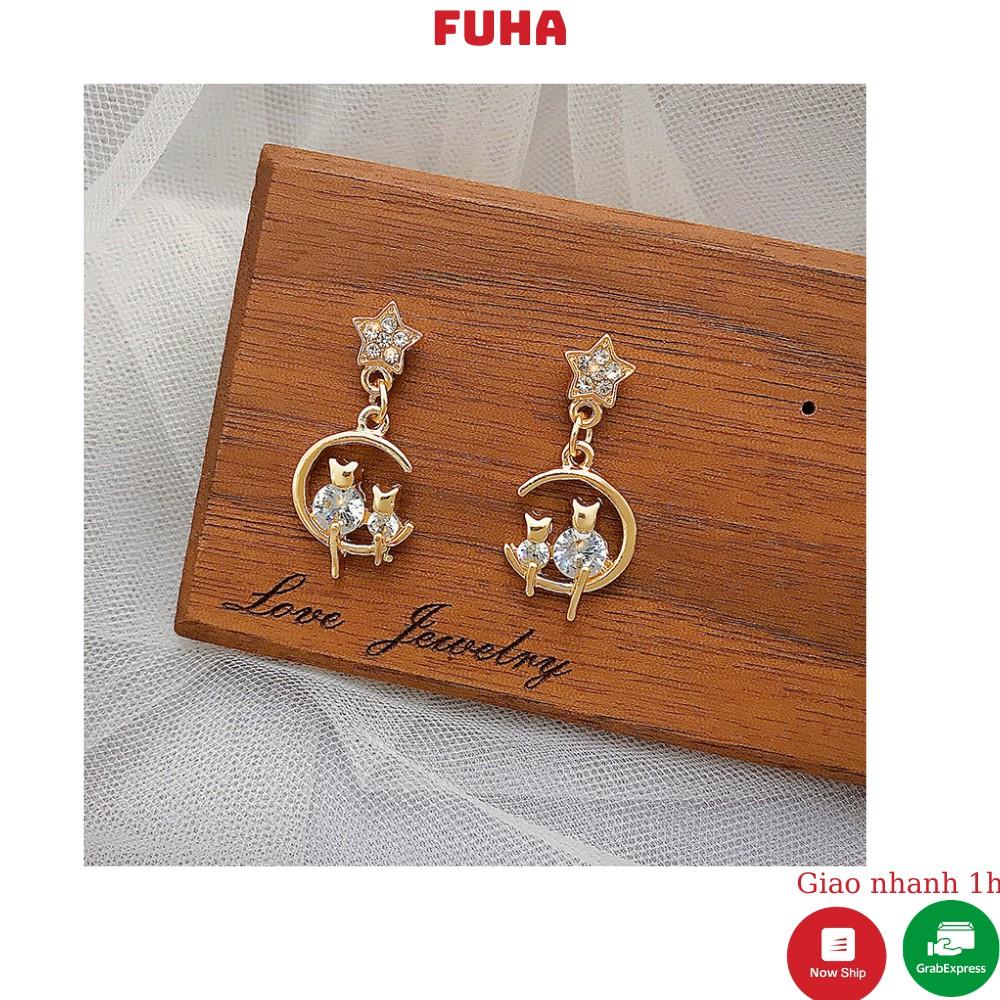 Hoa tai nữ họa tiết hình mèo gắn đá nhân tạo FUHA, bông tai sang trọng thanh lịch dành cho phái nữ