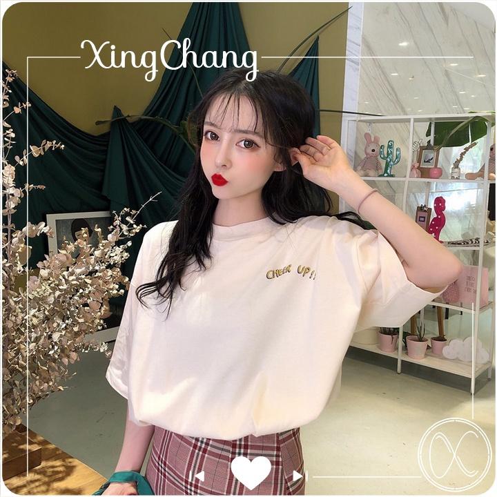 Áo form rộng nữ tay lỡ, Áo phông kiểu Hàn Quốc chất mịn đẹp in Cheer Up mã T.L213