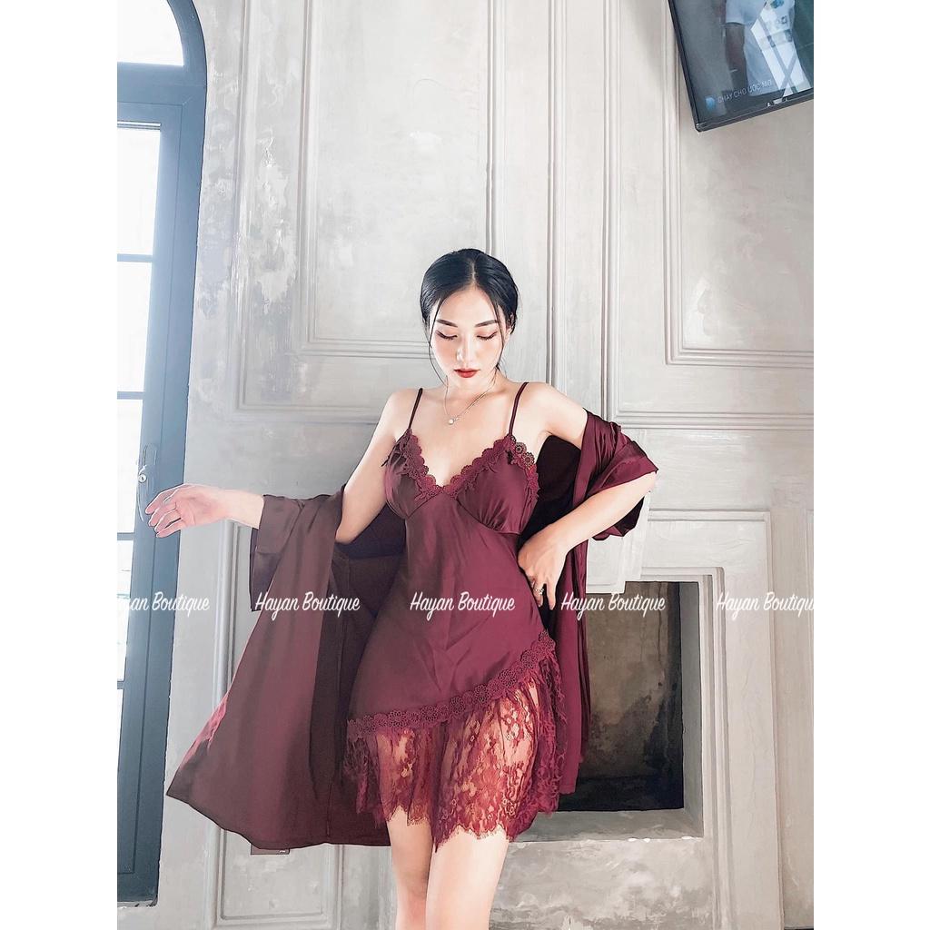 Set váy ngủ và áo choàng sexy ren chân viền hoa gợi cảm cao cấp KÈM MÚT NGỰC #HT129