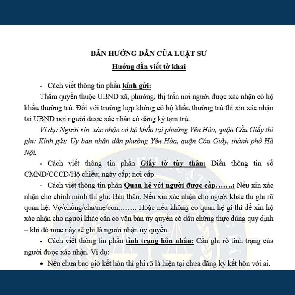 Mẫu tờ khai xin giấy xác nhận tình trạng hôn nhân, độc thân + bản hướng dẫn chi tiết của Luật sư