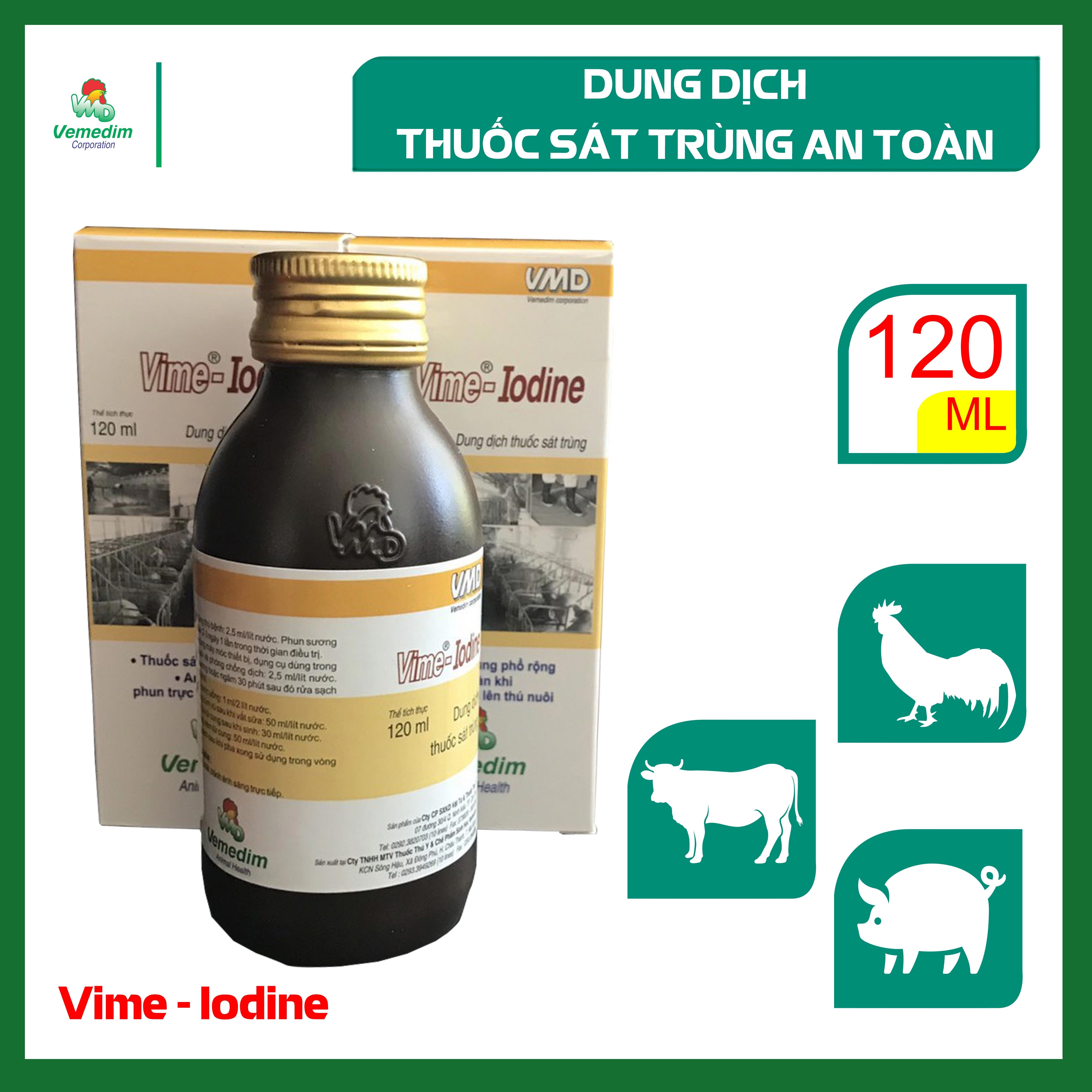 Tẩy trùng vết thương cho heo, trâu bò, gia cầm, chó mèo Vime-Iodine