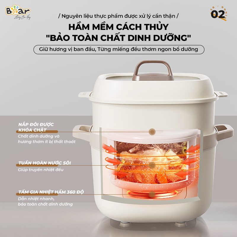 Nồi Nấu Chậm Bear 1,6L Đa Năng 6 Chế Độ Ninh Nấu Hầm Hấp Tiết Kiệm Thời Gian Giữ Trọn Chất Dinh Dưỡng - SB-NNC16 Hàng chính hãng