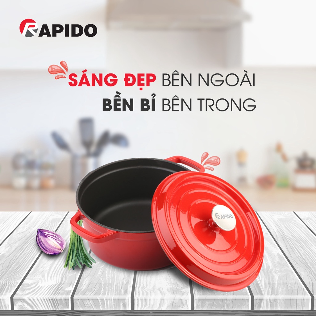 Nồi gang đúc tráng men Rapido cao cấp size 22cm phù hợp mọi loại bếp gia đình - Hàng chính hãng