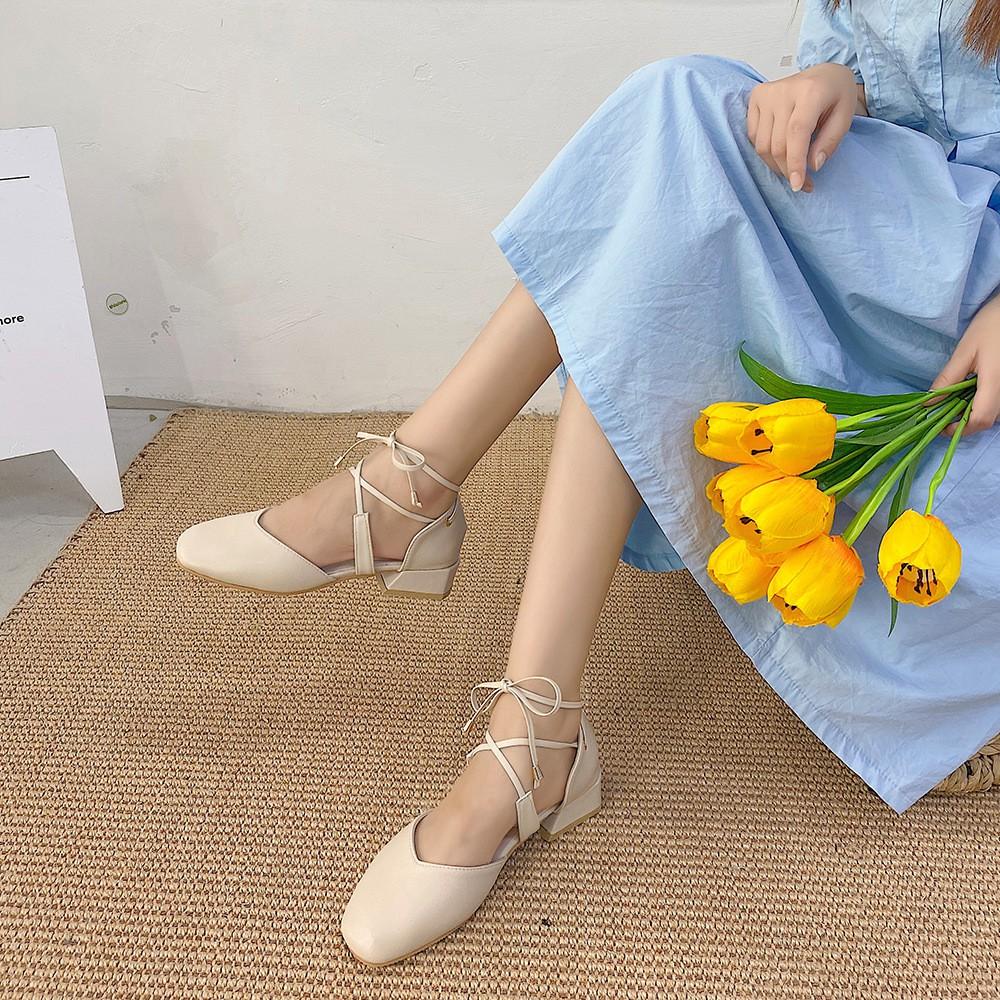 Giày sandal chất da mềm quai dây tự buộc bít mũi cao 3p màu trắng kem cực xinh cho nữ - Mã G46