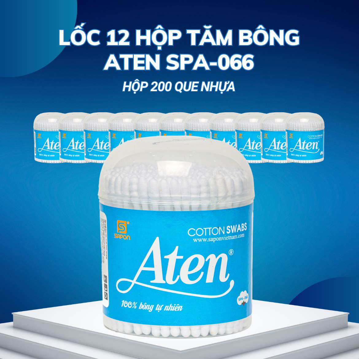 Lốc 12 hộp Tăm bông Aten người lớn thân nhựa hộp 200 que SPA-066